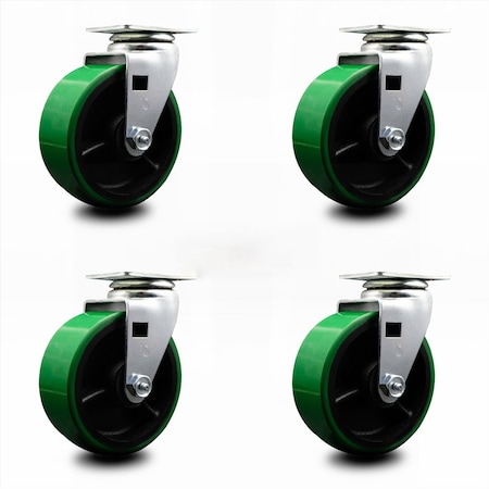 Service Caster 5 Inch Green Poly on Cast Iron Wheel Swivel Caster Set with Ball Bearings SCC SCC-20S520-PUB-GB-4